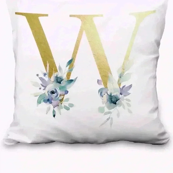 Pillow Covers 18x18” 1 pc W Alphabet Linen White/Gold W Blue Floral Boho Cottage - Picture 2 of 16